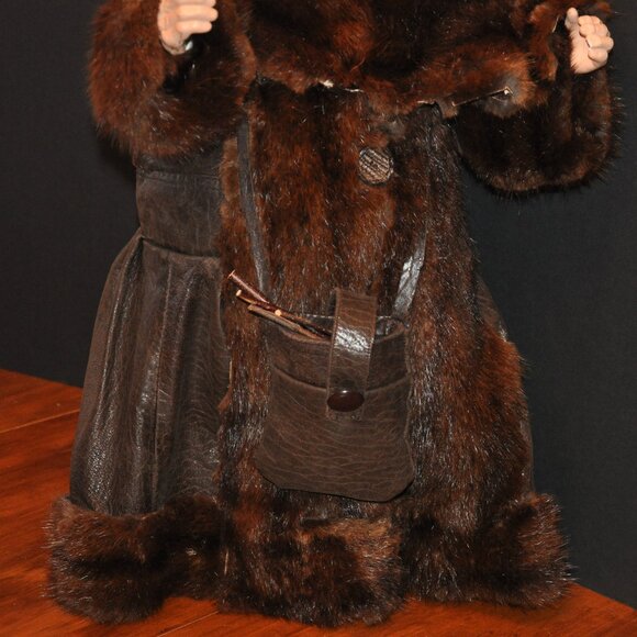 Old World Woodland Santa Handmade Upcycled Leather Beaver Fur Coat 26" Tall - Picture 3 of 10